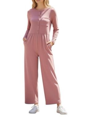HALARA dusty pink long sleeve wide leg waffle knit jumpsuit comfort effortless S